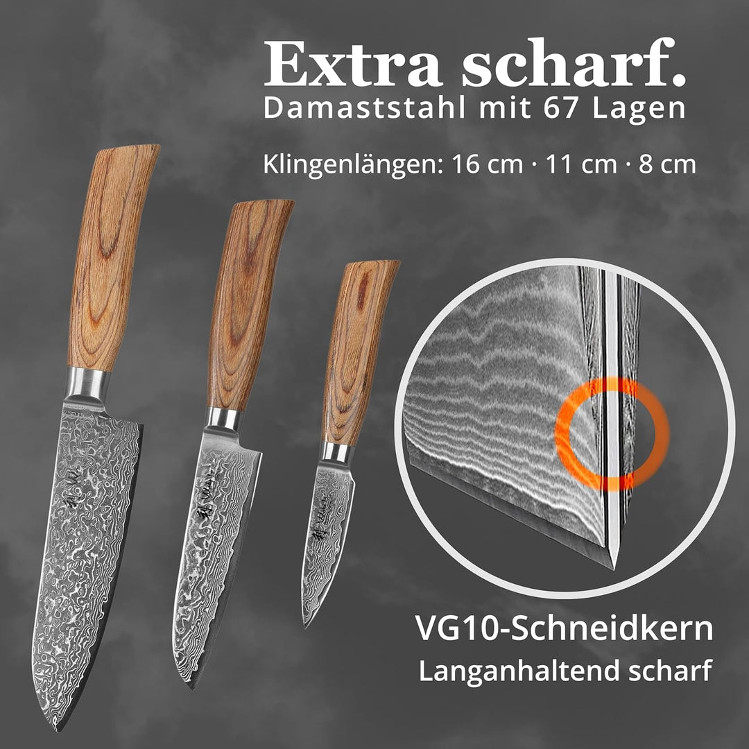 Wakoli EDIB Pro Premium 3er Damastmesser-Set mit 8-16 cm Klingen gefertigt aus 67 Lagen echtem Damas