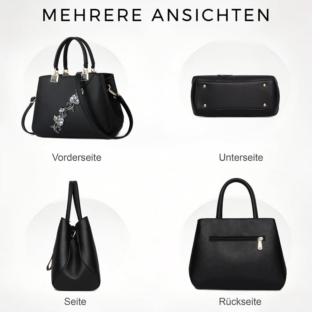 VARLIVOO Handtasche Damen Mittelgross Elegant Taschen mit Blumenstickerei Leader PU Henkeltasche Fra