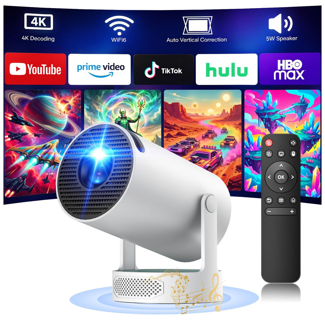 Mini Beamer mit Lautsprecher, Tragbarer Projector unterstützen 1080P 4K, Auto Keystone WiFi 6 Smart