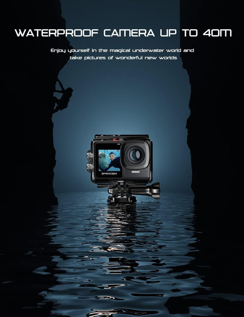 Apexcam 4K 60FPS 24MP Ultra HD Action Cam Dualscreen Touchscreen 40M wasserdichte Unterwasserkamera