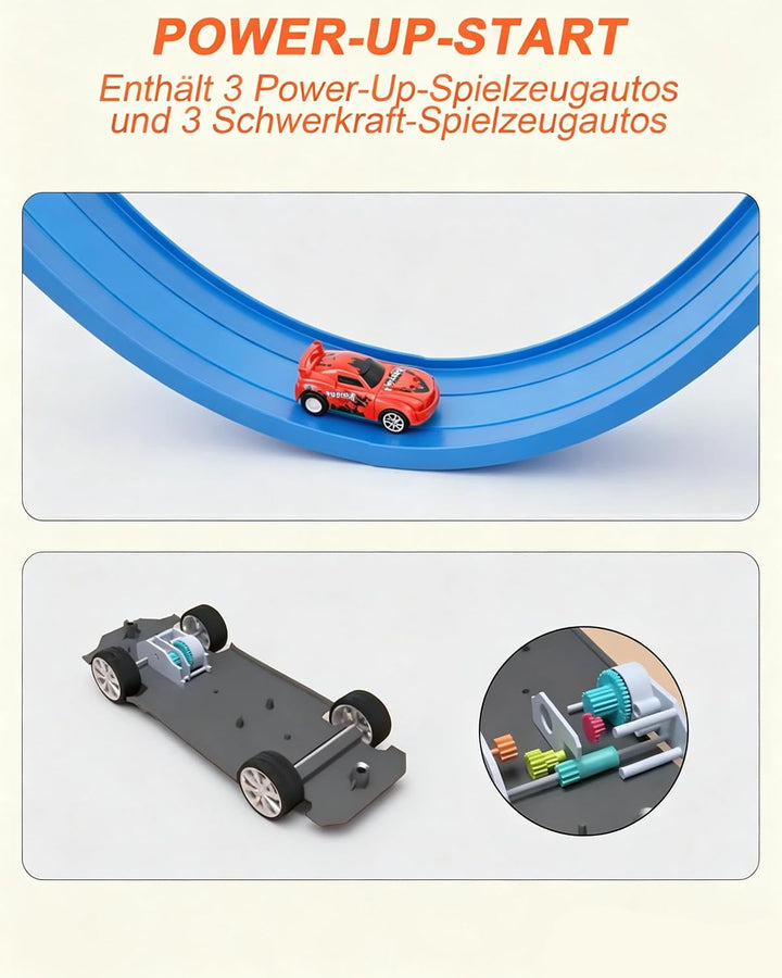 Flexible 3-Spur-Rennbahn für Kinder, 5 m lange aufrollbare Rennbahn mit 6 Autos, batterieloses Set o