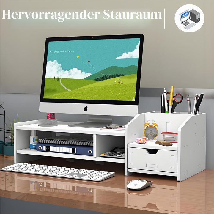 Monitorständer mit Schublade, 63 x 23 x 18 cm, Weiss, Büro PVC+Wood Plastic Board, PVC+Wood Plastic