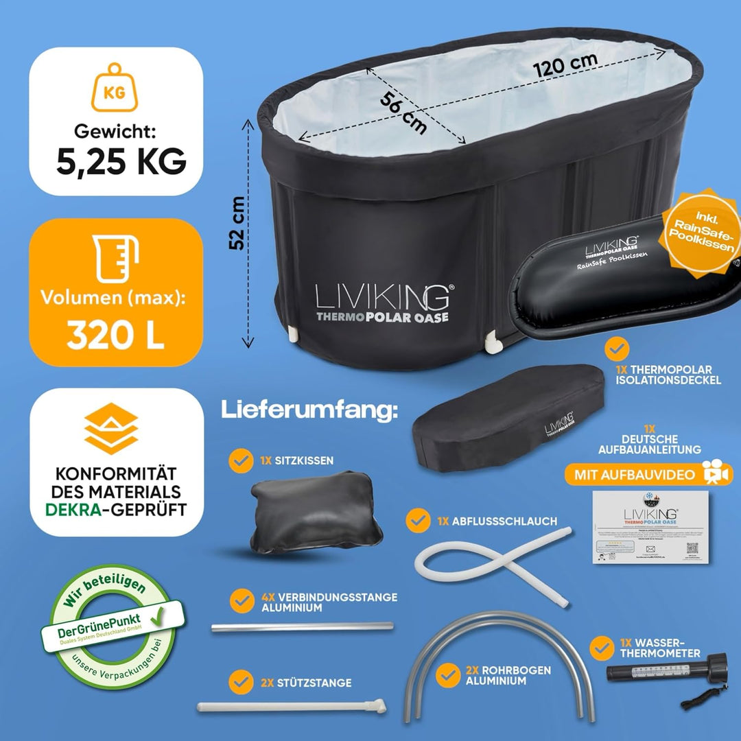 Eisbad + Faltbare Badewanne Erwachsene [120 cm - KOMFORT BUNDLE] Eisbaden Tonne, Mobile Badewanne Ou