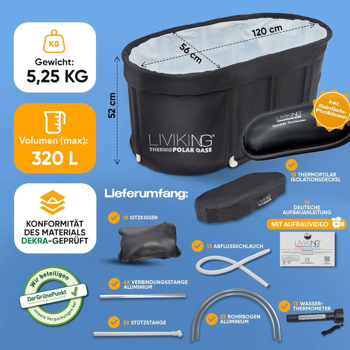 Eisbad + Faltbare Badewanne Erwachsene [120 cm - KOMFORT BUNDLE] Eisbaden Tonne, Mobile Badewanne Ou