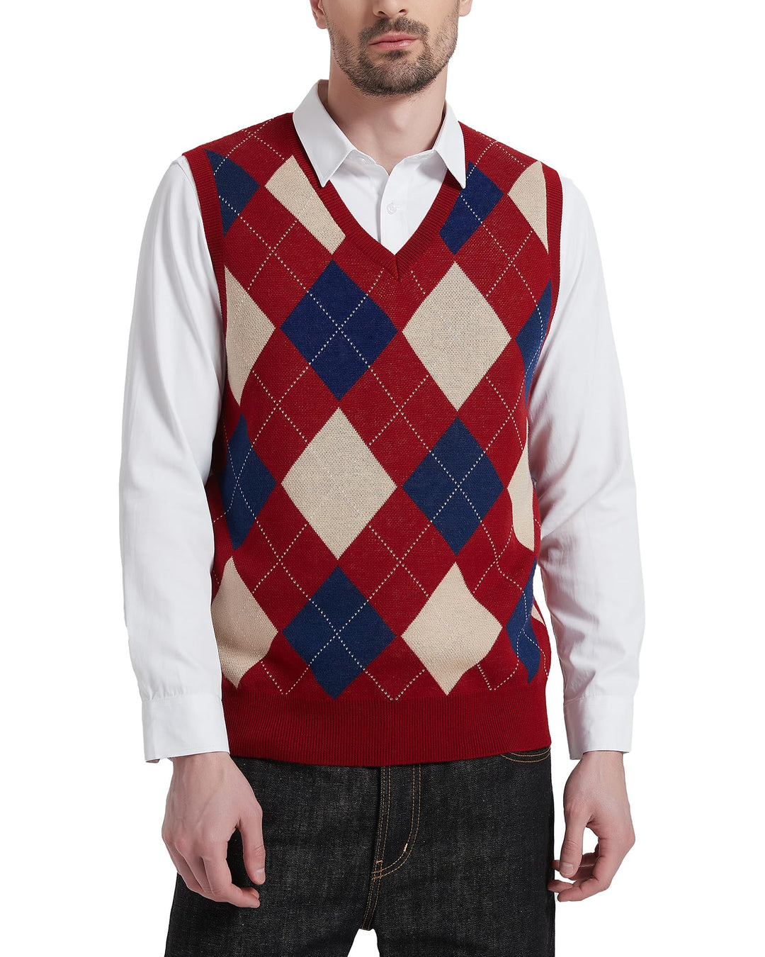 Kallspin Herren Argyle Gestrickt Ärmellos Pullover Wollmischung V-Ausschnitt Strickwesten XL Burgund