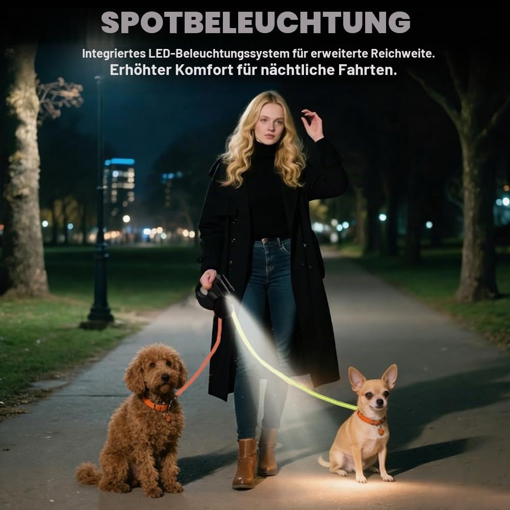 3m Hundeleine Doppelleine für 2 Hunde, Rollleine Einziehbare Hundeleine mit LED Licht, Automatische