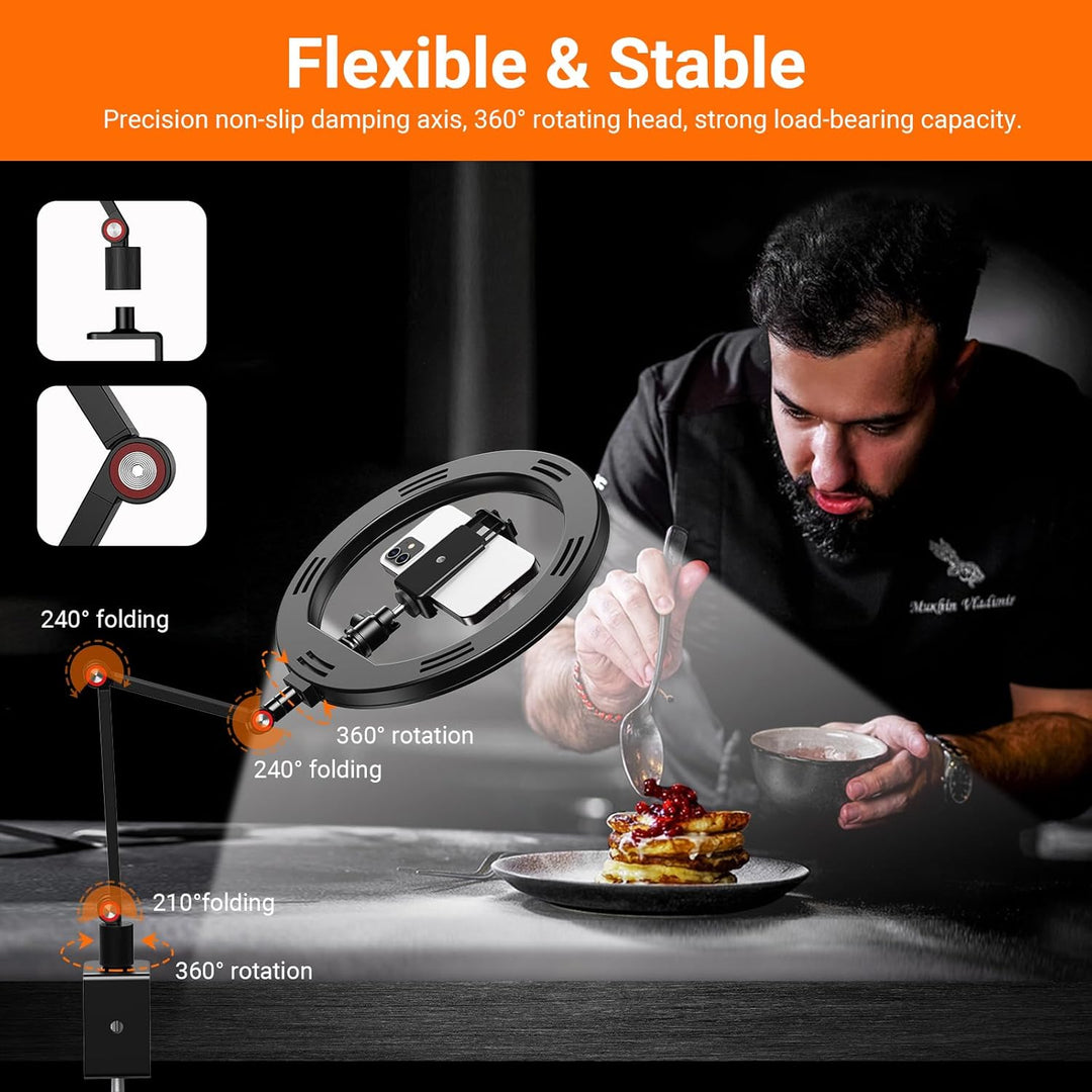 APEXEL 10" Ringlicht Mit Ständer und Telefonhalter, USB LED für Schreibtisch, Overhead Stativ Mit Ve