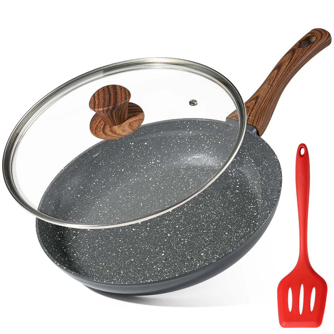 MSMK 28 cm Antihaft-Keramik-Bratpfanne mit Deckel & rotem Schlitzwender, Für Gasherd Induktion, Holz