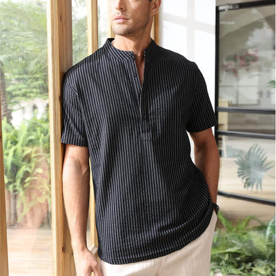 Herren-Leinenhemden, lässige Baumwolle, Henley-Ausschnitt, gestreiftes Hemd, Sommer-Kurzarmhemden XL