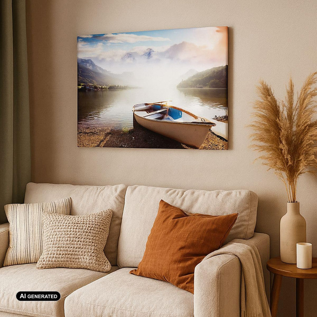 Bilder auf Leinwand Berge See Boot Leinwandbild mit Rahmen 70x50cm Wandbilder Dekoration Wohnzimmer