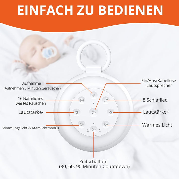 FUNYKICH White Noise Machine Baby, Weisses Rauschen Gerät mit Aufnahmefunktion, Wireless Lautspreche