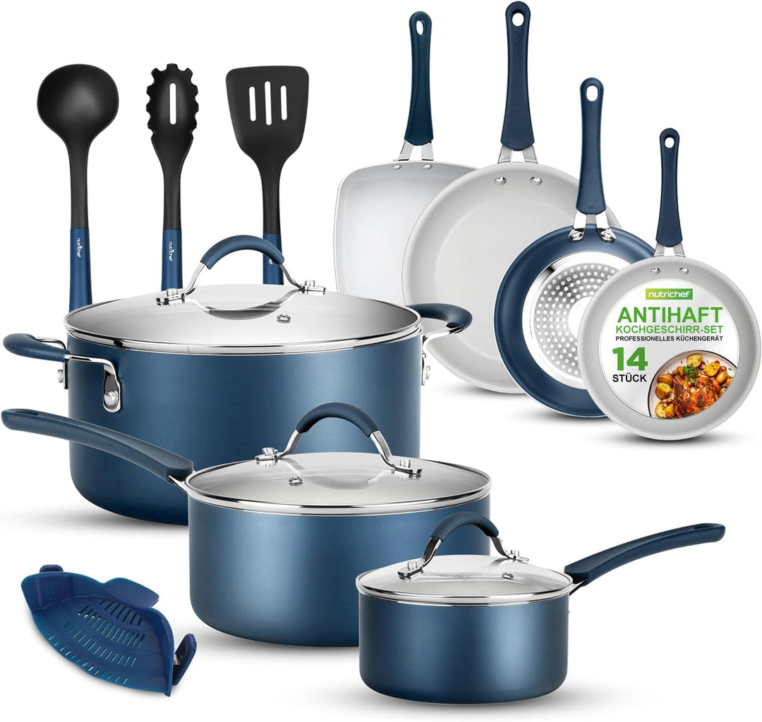 NutriChef Pfannenset & Topfset Induktion 14-teilig, PFOA/PFOS-frei, Antihaftbeschichtet, Kochtopf Se