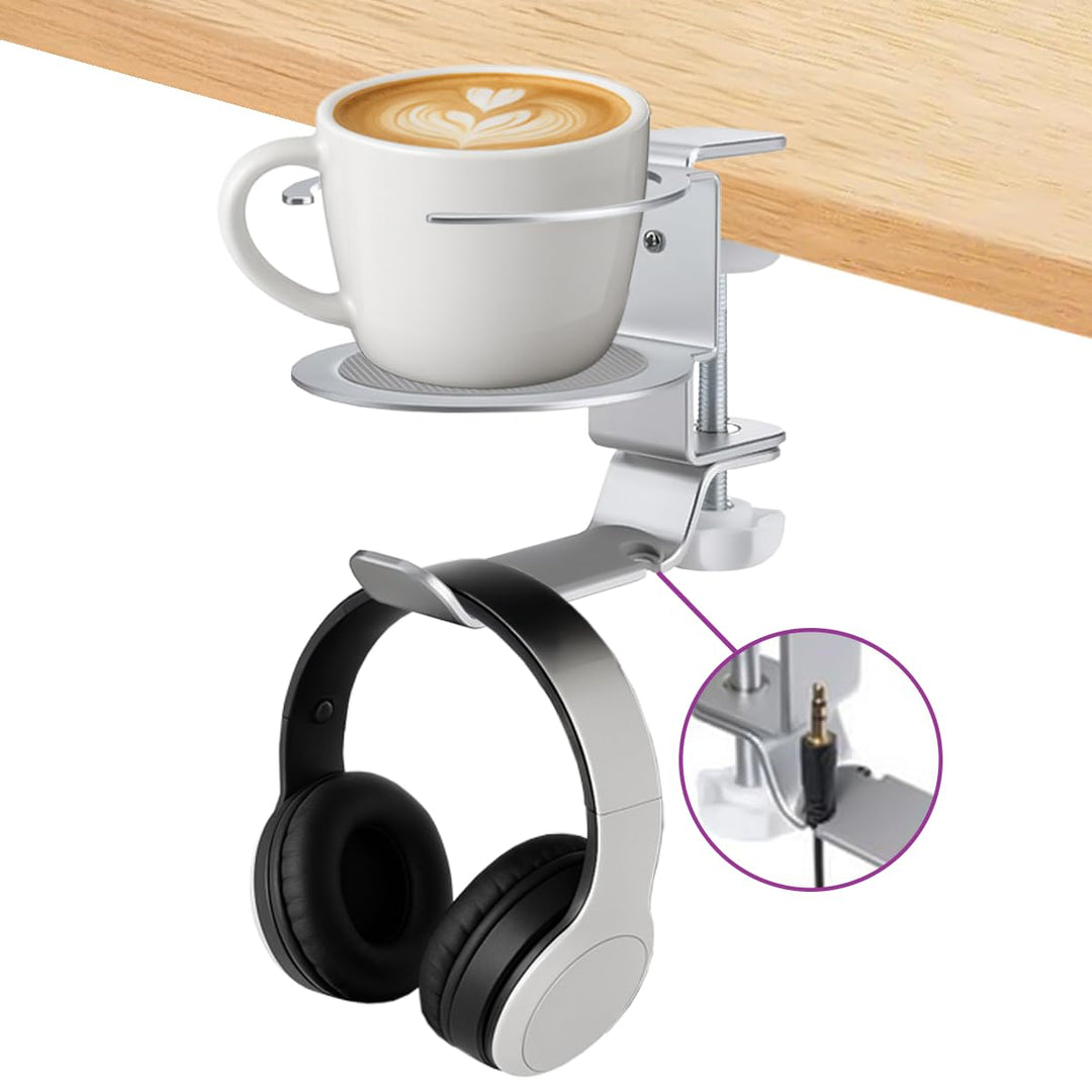 Spacetronik 2-in-1 Headset Halterung & Getränkehalter Tisch – Schwenkbarer Kopfhörer Halter mit Kabe