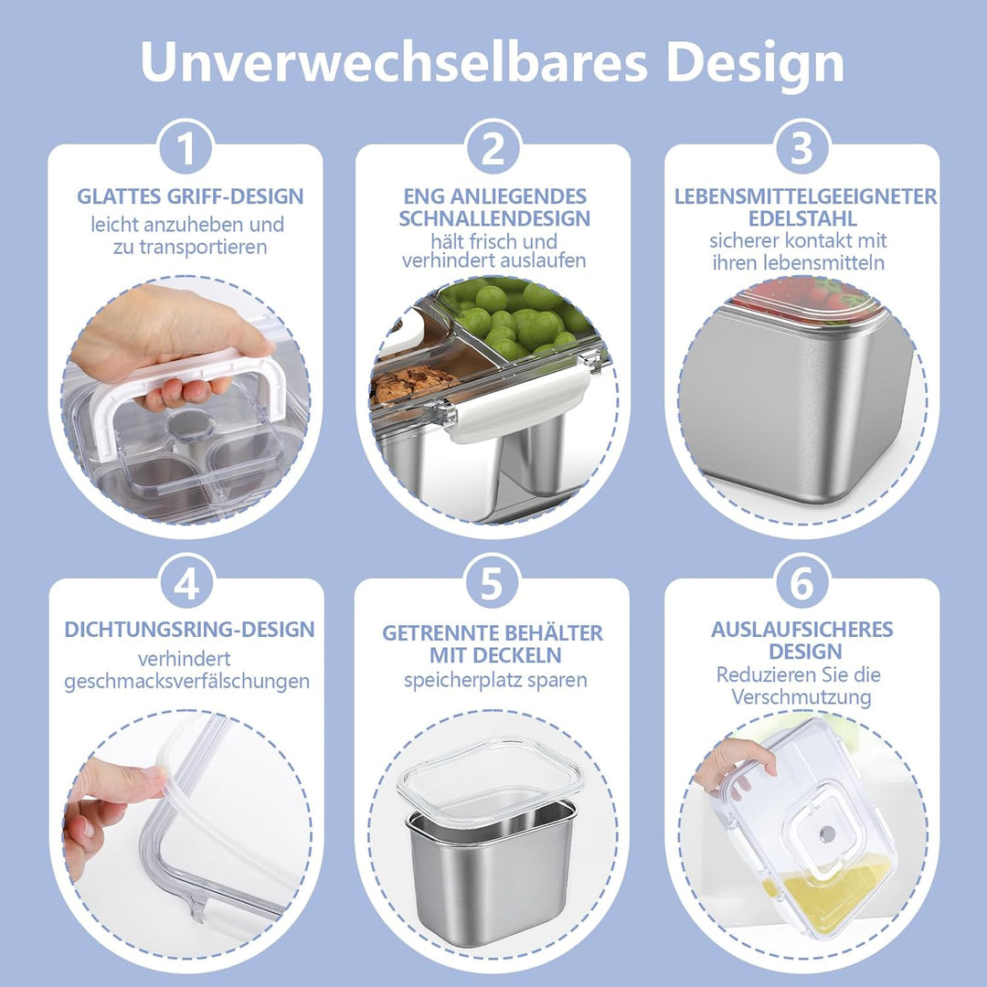 JINDUN Snackbox mit 8 Edelstahl Fächern, 2 Stück Snackteller mit Griff und Einzelnen Deckeln, Verhin