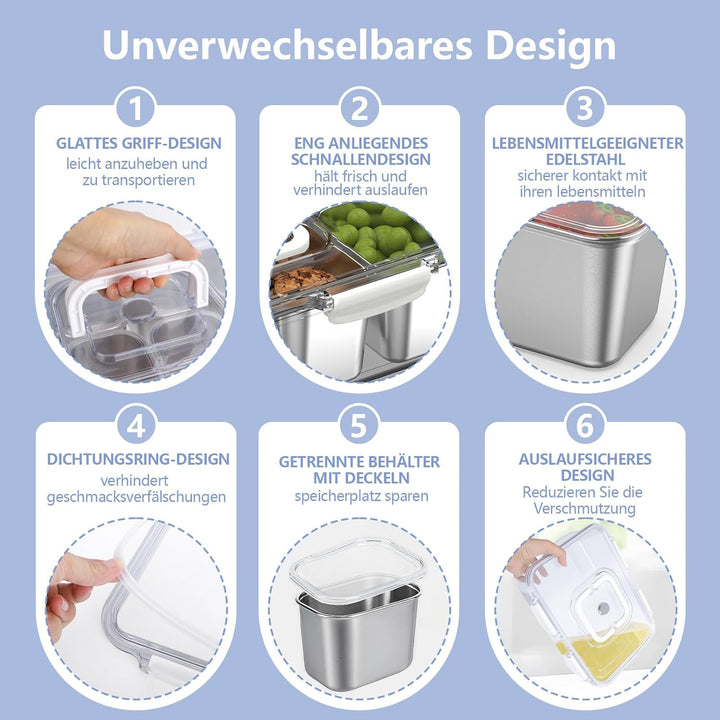 JINDUN Snackbox mit 8 Edelstahl Fächern, 2 Stück Snackteller mit Griff und Einzelnen Deckeln, Verhin