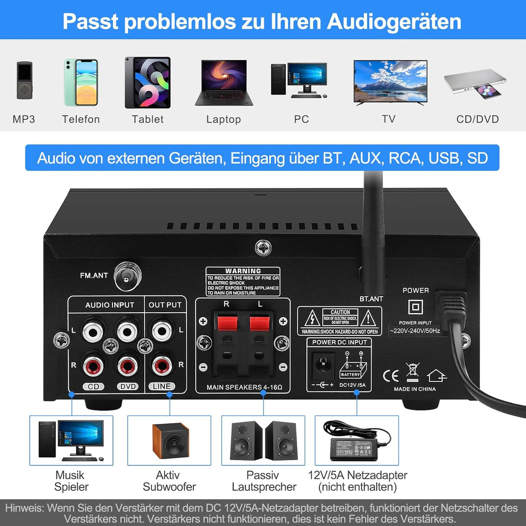 Audio-Verstärker für Zuhause, KS-33BT 2-Kanal Bluetooth5.0 HiFi-Verstärker, RMS 60W X 2 Max 400W X 2