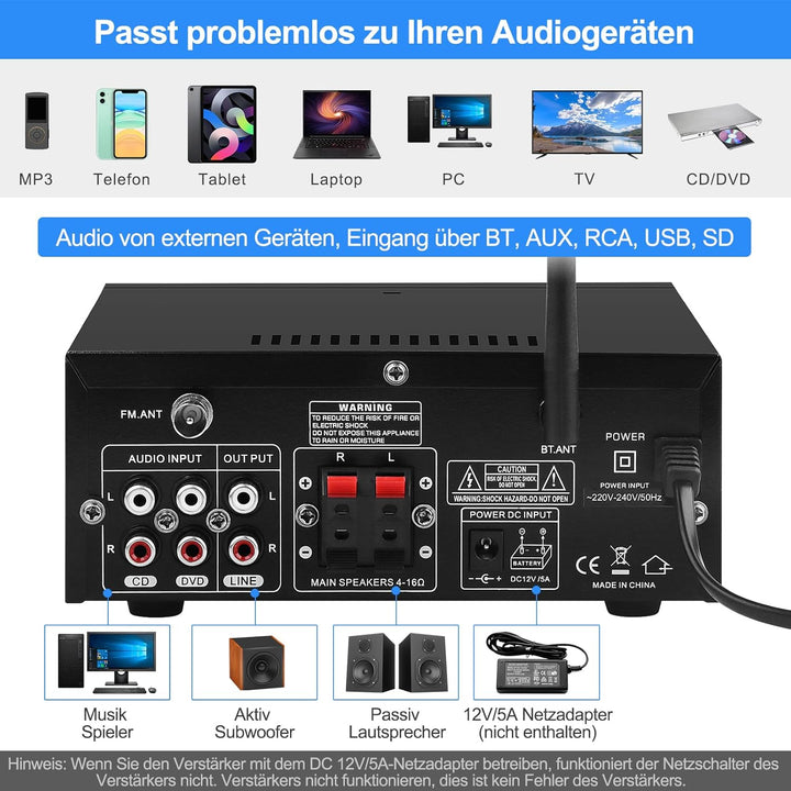Audio-Verstärker für Zuhause, KS-33BT 2-Kanal Bluetooth5.0 HiFi-Verstärker, RMS 60W X 2 Max 400W X 2
