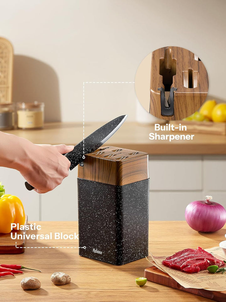 Yabano Messerblock Set, 7 teilig Messerset mit Messerblock und integriertem Messerschärfer,Küchenmes