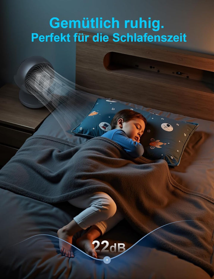 Ventilator Leise, 22dB Tischventilator mit Luftzirkulation, 3D Turbo Air Circulator, 3 Stufen & 100°