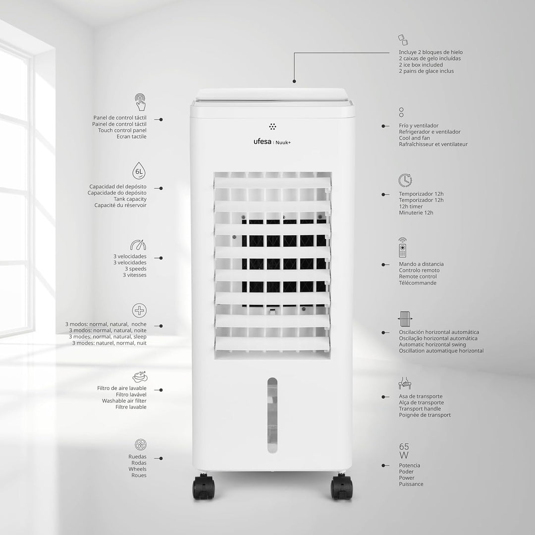 Ufesa CLN Verdunstungskühler, 65W, Kühlfunktion, Ionisiert und Ventilator, 3 Geschwindigkeiten, 3 Mo