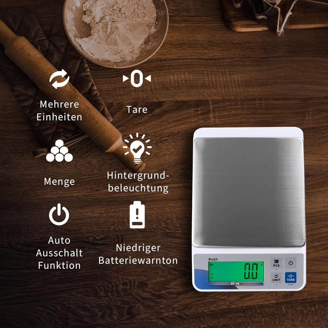 Polit KT-66 Digitale Küchenwaage 18 lb – Hochkapazitäts-Lebensmittel- &amp; Universalwaage mit 0,5 g Prä