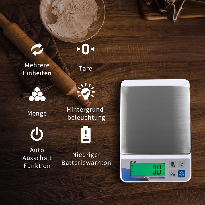 Polit KT-66 Digitale Küchenwaage 18 lb – Hochkapazitäts-Lebensmittel- &amp; Universalwaage mit 0,5 g Prä