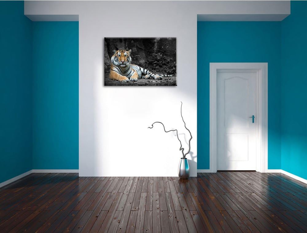 ruhender Löwe schwarz/weiss Format: 100x70 auf Leinwand, XXL riesige Bilder fertig gerahmt mit Keilr