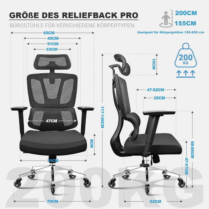 MELOKEA Bürostuhl Ergonomisch, 4D-Armlehnen, Verstellbare Sitztiefe, 3D-Kopfstütze, Gummirollen, Hoh