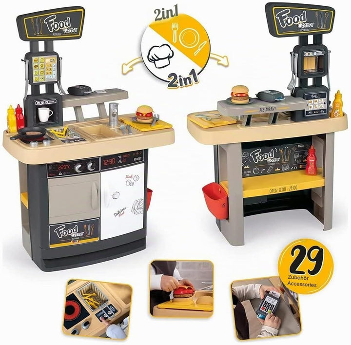 Smoby - Food Corner - 2-in-1 Spielküche und Kinderrestaurant, kompakt und rundum bespielbar, mit 29
