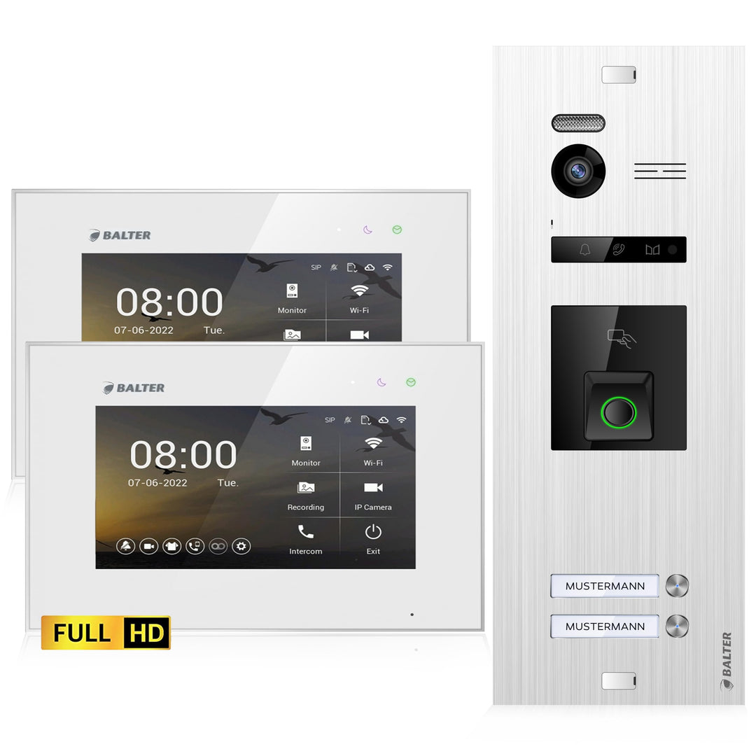 Balter EVO-HD Video Türsprechanlage mit Fingerprint, Video Türklingel, 2 Familienhaus, 2X 7 Zoll Mon