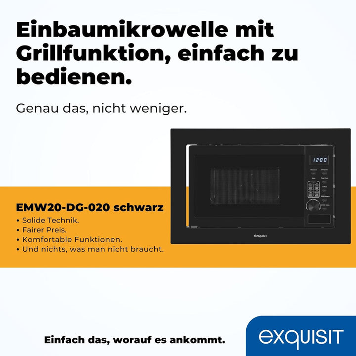 Exquisit Einbaumikrowelle EMW20-DG-020 schwarz| 800 W Leistung | 1000 W Grill | 8 Autokochprogramme|