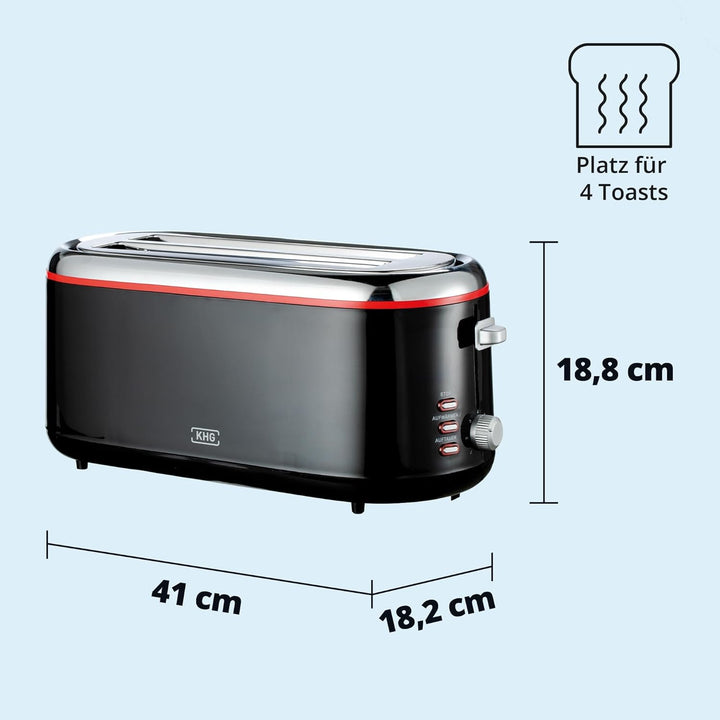 KHG TO-1301LSS Toaster Langschlitz, schwarz, 4 Scheiben, Kunststoff, mit Brötchenaufsatz, 7 Röstgrad