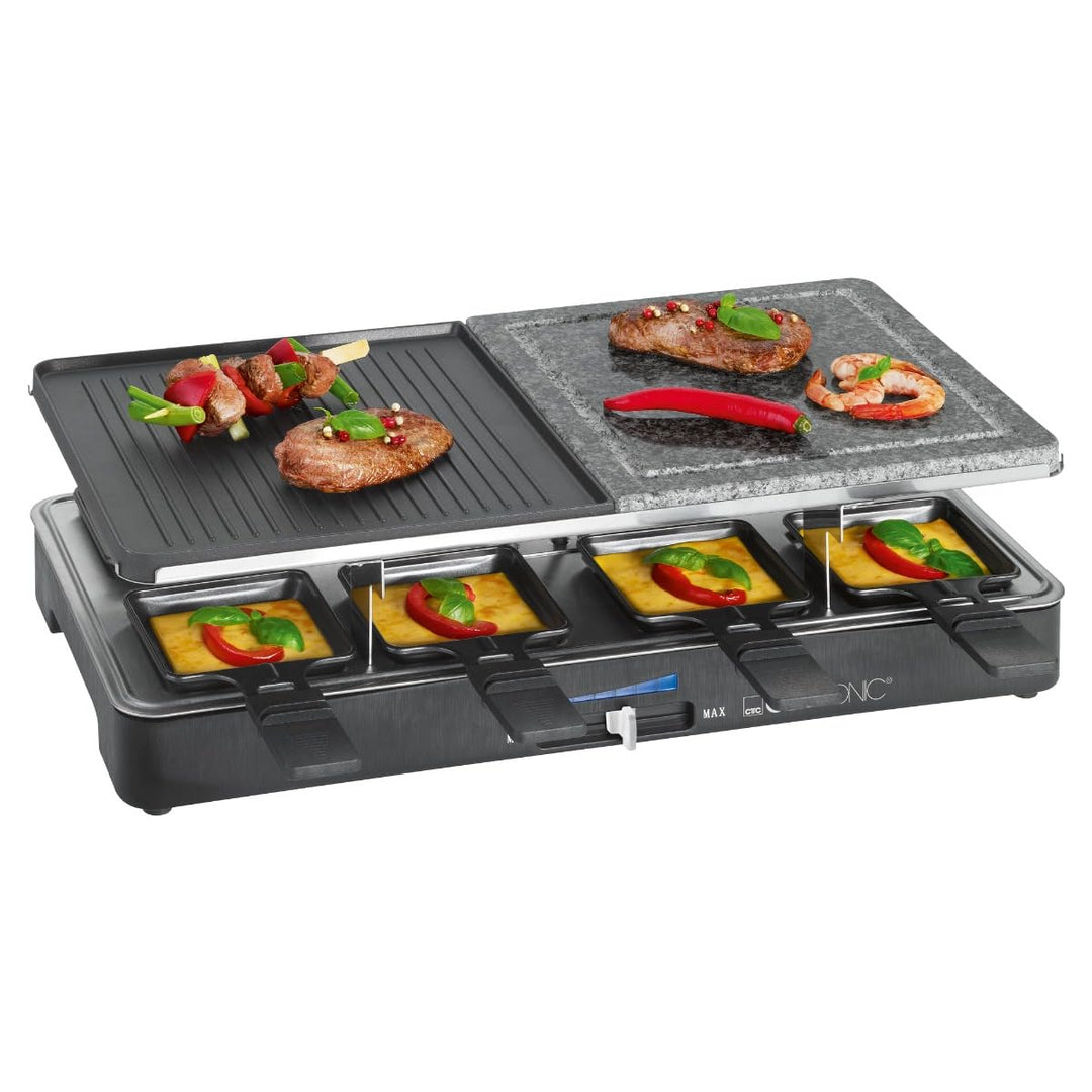 Clatronic RG 3518 Raclette-Grill mit heissem Stein zum Grillen und Überbacken, Wendegussplatte, Tisc