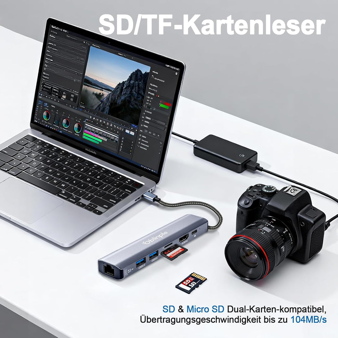 7 in 1 USB C Hub Gigabit Ethernet Adapter mit 4K@60Hz HDMI LAN RJ45 PD100W 2*USB 3.0 SD/TF Kartenles