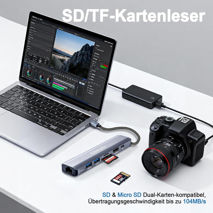 7 in 1 USB C Hub Gigabit Ethernet Adapter mit 4K@60Hz HDMI LAN RJ45 PD100W 2*USB 3.0 SD/TF Kartenles