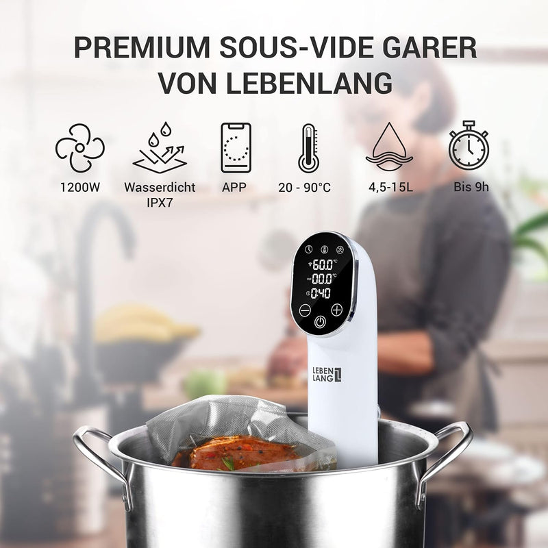 LEBENLANG 1200W Sous Vide Stick - Mit App-Steuerung I Edelstahl Su Vide Garen mit Timer für Fleisch