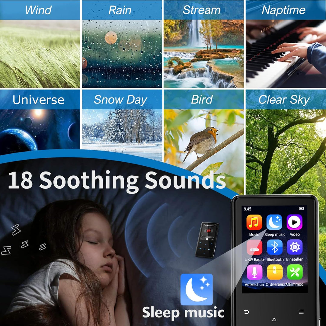 MP3 Player mit Bluetooth 5.3, 64GB und 2,4" Display – Mit Touch-Tasten, Lautsprecher, Metallgehäuse,