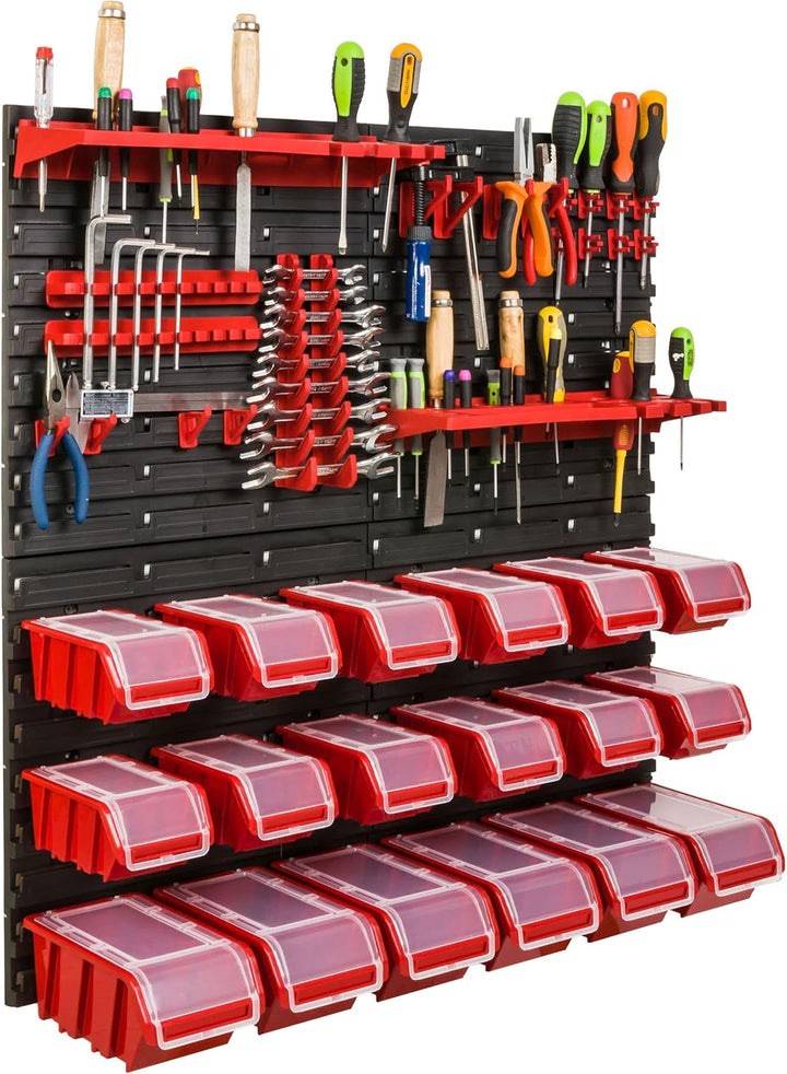 Lagersystem Werkstattregal | 78 x 78 cm | 18 stck. Box | Wandregal mit Werkzeughalterungen und Stape