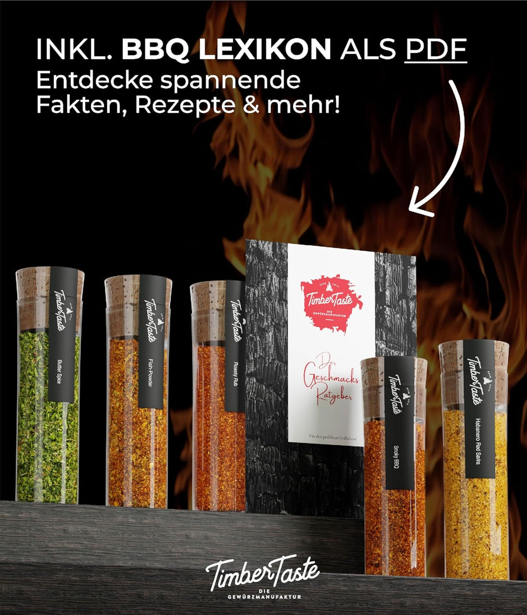 TIMBER TASTE® Grill Gewürze Geschenkset Frauen & Männer | 5 erlesene BBQ Grillgewürze inkl. Rezepte