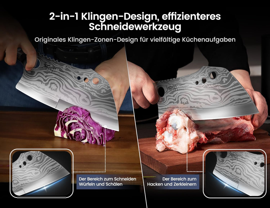 Fleischermesser mit Scheide, 19,5 cm Damastmuster Hackmesser, Küchenmesser mit Ergonomischem Durchge