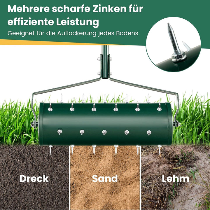 RELAX4LIFE Rollender Rasenlüfter, Rasenrolle mit 53 cm Breite, Handvertikutierer mit Stiel & Nägeln,