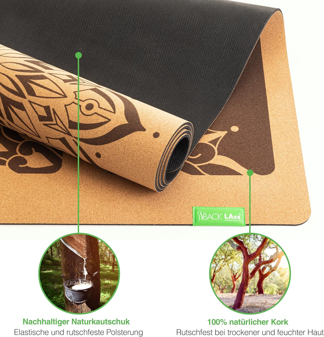 BACKLAXX ® Yogamatte Kork mit Naturkautschuk - FAZ Testsieger 02/2026 - Yoga Matte nachhaltig, schad