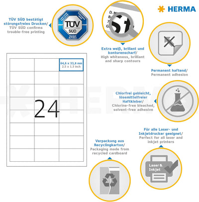 HERMA 4262 Adressetiketten, 100 Blatt, 64,6 x 33,8 mm, 24 Stück pro A4 Bogen, 2400 Aufkleber, selbst