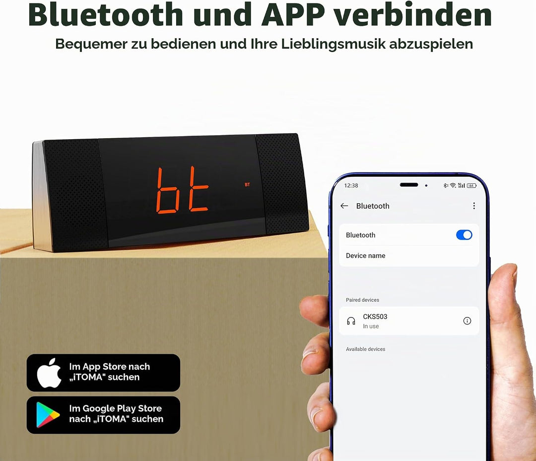 iTOMA RadioWecker mit Bluetooth, FM Radio, Dual Wecker mit Snooze, USB-Aufladung, Auto und manueller