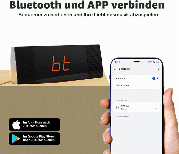 iTOMA RadioWecker mit Bluetooth, FM Radio, Dual Wecker mit Snooze, USB-Aufladung, Auto und manueller