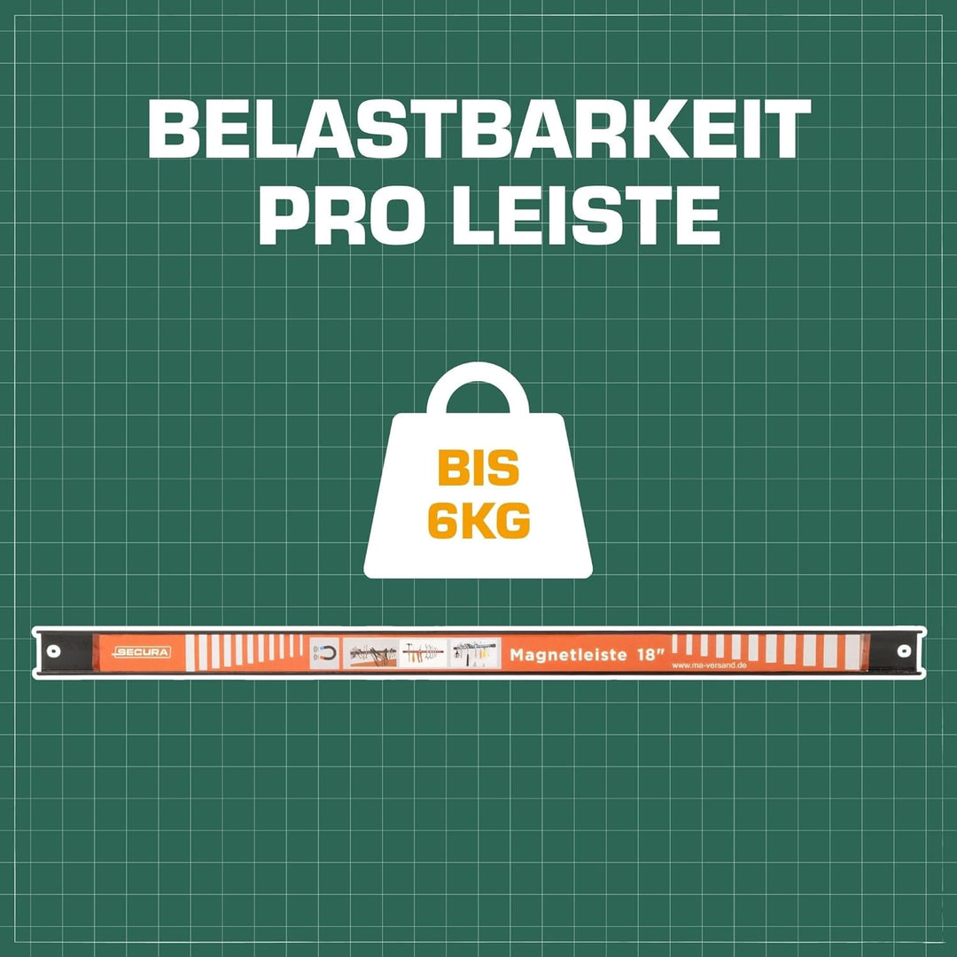SECURA Magnetleiste Werkzeug Aufbewahrung 6 Stück je 45,7cm mit 6 KG Tragkraft Ordnungssystem Wand H