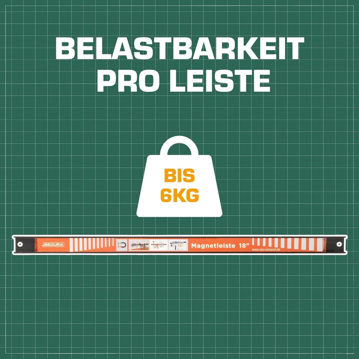 SECURA Magnetleiste Werkzeug Aufbewahrung 6 Stück je 45,7cm mit 6 KG Tragkraft Ordnungssystem Wand H
