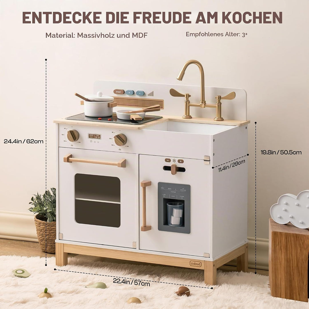 ROBUD Kinderküche Holz | Montessori Spielküche mit Sound &amp; Licht, Eiswürfelspender, Kinder Küche mit