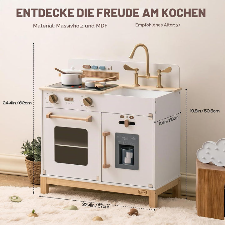 ROBUD Kinderküche Holz | Montessori Spielküche mit Sound &amp; Licht, Eiswürfelspender, Kinder Küche mit