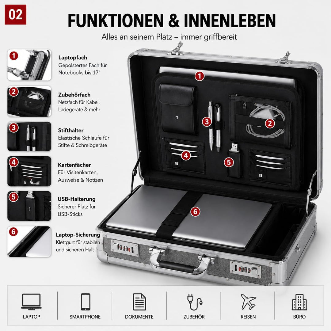 ALUMAXX 45140 Laptop-Attachékoffer C-1, Aktenkoffer aus Aluminium, Geschäftskoffer Carbon-Look, Alu-